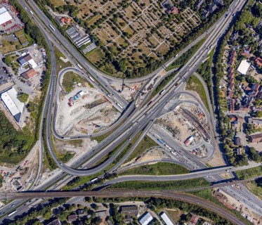 Aerial view, motorway junction Herne, new construction tunnel Baukau from the A43 to the A42,