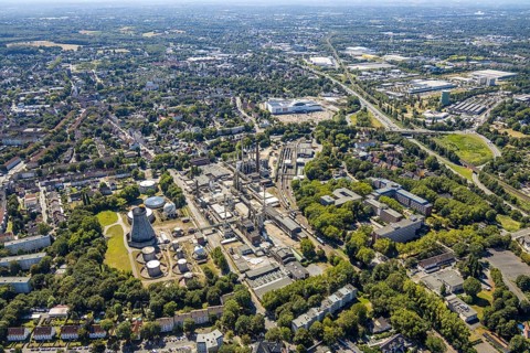 Aerial view, Ineos Herne chemical plant, Herne, Ruhr area, North Rhine-Westphalia, Germany, railway