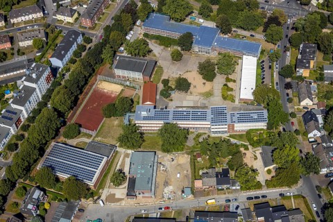 Aerial view, construction site renovation, Kolibri-Schule, sports hall Flottmannstraße, Herne, Ruhr