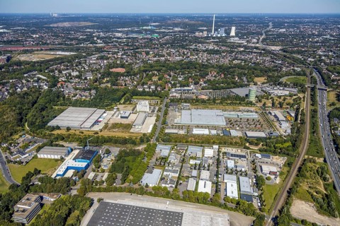 Aerial view, industrial area Lindenallee, gasometer Herne, STEAG cogeneration plant Herne, Herne,