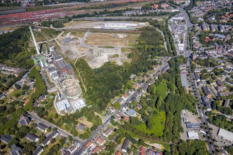 Aerial view, construction site new Stadler Schienenfahrzeuge branch, former General Blumenthal mine