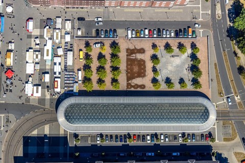 Aerial view, Am Buschmannshof, bus stop, tram stop, ZOB, central bus station, market, Herne, Ruhr