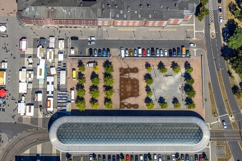 Aerial view, Am Buschmannshof, bus stop, tram stop, ZOB, central bus station, market, Herne, Ruhr
