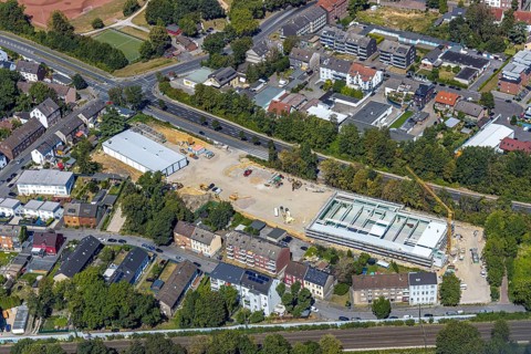 Aerial view, construction site, new building hall Berliner Straße, Herne, Ruhr area, North