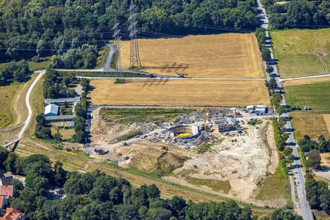 Aerial view, construction site canal construction at Hüller Bach, Hofstraße, animal shelter animal