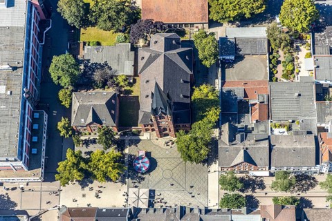 Aerial view, Christuskirche Wanne-Eickel, children's carousel, Herne, Ruhr area, North