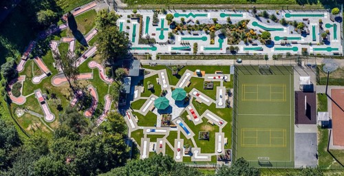 Aerial view, minigolf course MGC Rot-Weiß Wanne-Eickel, Herne, Ruhr area, North Rhine-Westphalia,