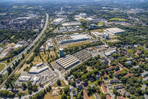 Aerial view, gasometer Herne, industrial area Lindenallee, Herne, Ruhr area, North