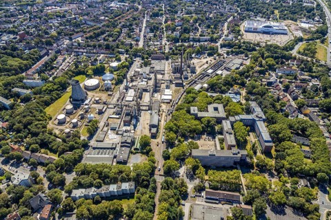 Aerial view, Ineos Herne chemical plant, Herne, Ruhr area, North Rhine-Westphalia, Germany, railway