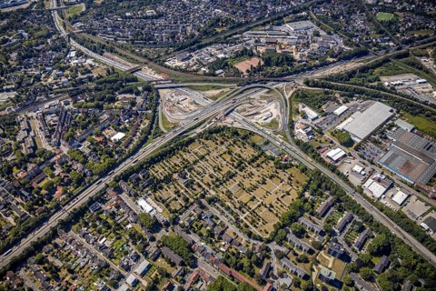 Aerial view, motorway junction Herne, new construction tunnel Baukau from the A43 to the A42,