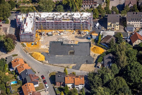 Aerial view, construction site Widumer Höfe, the future retirement home of the St. Elisabeth Group,
