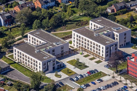 Aerial view, construction site Widumer Höfe, the future retirement home of the St. Elisabeth Group,