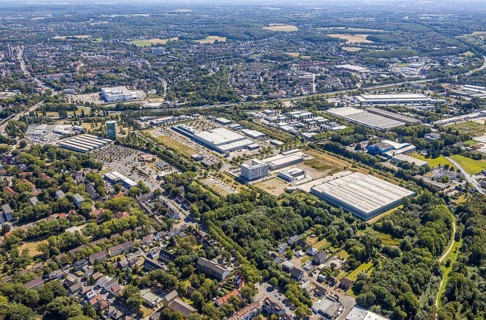 Aerial view, gasometer Herne, industrial area Lindenallee, Herne, Ruhr area, North