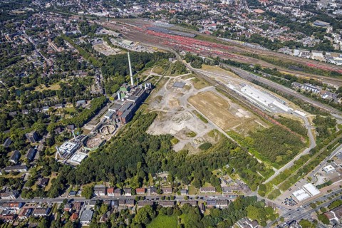 Aerial view, construction site new Stadler Schienenfahrzeuge branch, former General Blumenthal mine
