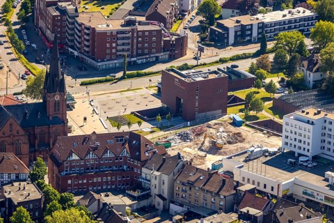 Aerial photograph, new building at Europaplatz, LWL Museum of Archaeology, Kreuzkirche, Herne, Ruhr