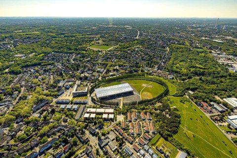 Aerial view, tree avenue Mont-Cenis colliery, Mont-Cenis academy, Herne, Ruhr area, North