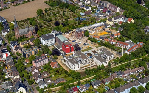 Aerial view, Bildungszentrum Ruhr, Widumer Quartier residential area, church, Kath. Kirchengemeinde