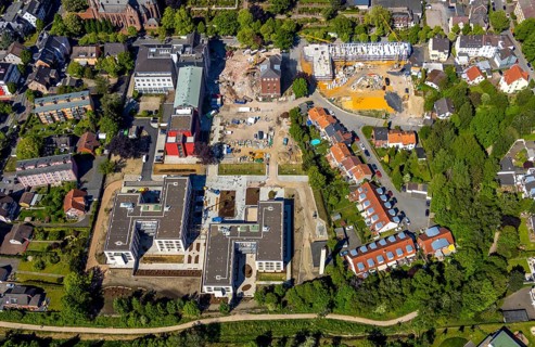 Aerial view, Bildungszentrum Ruhr, Widumer Quartier residential area, church, Kath. Kirchengemeinde