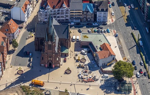 Aerial view, Kreuzkirche, new building, parish hall, Herne, Ruhr area, North Rhine-Westphalia,