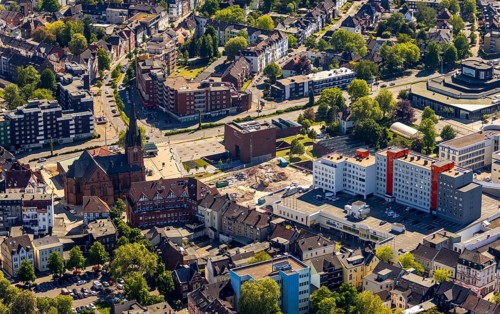 Aerial photograph, new building at Europaplatz, LWL Museum of Archaeology, Kreuzkirche, Herne, Ruhr
