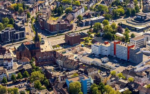 Aerial photograph, new building at Europaplatz, LWL Museum of Archaeology, Kreuzkirche, Herne, Ruhr
