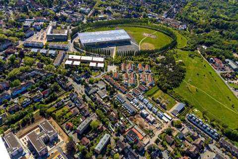 Aerial view, tree avenue Mont-Cenis colliery, Mont-Cenis Academy, residential area
