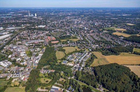 Aerial view, local view, housing estates, STEAG cogeneration plant Herne, Herne, Ruhr area, North