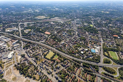 Aerial view, aerial view, motorway A42, motorway junction Herne-Wanne, Wanne-Eickel Hbf, Herne,