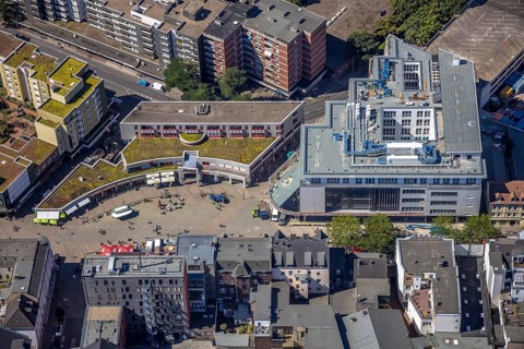 Aerial view, Robert-Brauner-Platz, StadtGalerie, construction site Herner Höfe Bahnhofstraße,