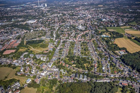 Aerial view, local view, housing estates, STEAG cogeneration plant Herne, Herne, Ruhr area, North