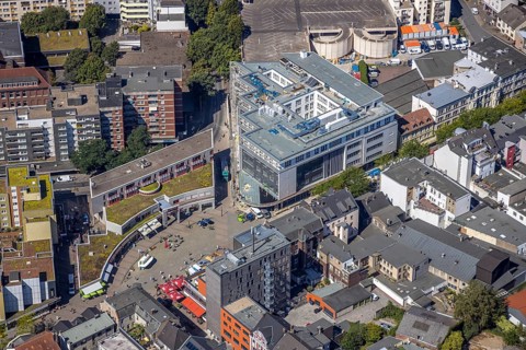 Aerial view, Robert-Brauner-Platz, StadtGalerie, construction site Neue Höfe Bahnhofstraße, Herne,