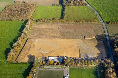 Aerial view, sports field An der Lohschule, construction site, Rhynern, Hamm, Ruhr area, North