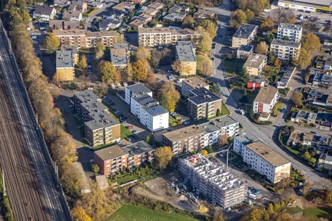 Aerial view, residential buildings construction site Röntgenstraße, Pelkum, Hamm, Ruhr area, North