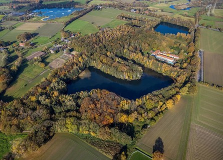 Aerial view, Gut Sternholz, hotel in the forest, Haarener Baggerseen, Uentrop, Hamm, Ruhr area,