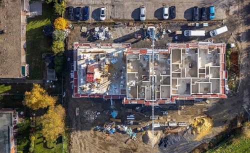 Aerial view, residential buildings construction site Röntgenstraße, Pelkum, Hamm, Ruhr area, North