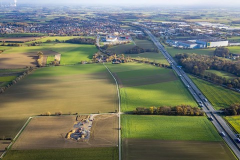 Aerial view, construction site for wind turbines, Hellweg, near the A2 motorway, Rhynern, Hamm,