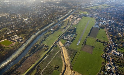 Aerial view, Hamm airfield, Lippe floodplain, Münsterstraße, Hamm lock, Lippe river, Datteln-Hamm