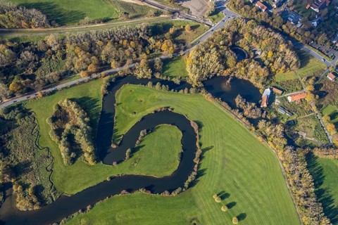 Aerial view, Schlossmühle, Mühlengraben, Mühlenteich, An der Schlossmühle, Hamm, Ruhr area, North