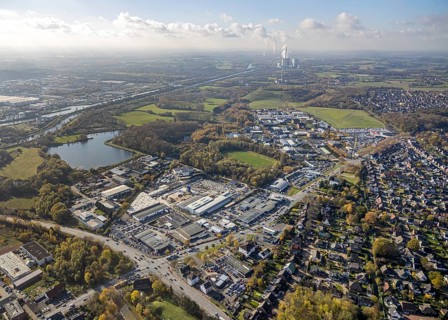 Aerial view, commercial area Hammer Straße, Radbodsee, Bockum-Hövel, Hamm, Ruhr area, North