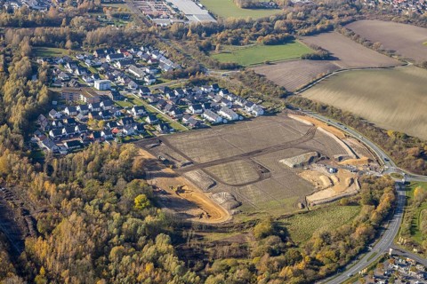 Aerial view, construction area at Sachsenring, roundabout, housing estate, Heessen, Hamm, Ruhr