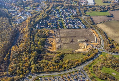 Aerial view, construction area at Sachsenring, roundabout, housing estate, Heessen, Hamm, Ruhr