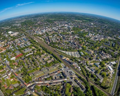 Aerial view, townscape with fisheye lens, goods station, overview, centre-west, Herne, Ruhr area,