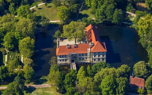 Aerial view, renovation Strünkede Castle, Herne, Ruhr area, North Rhine-Westphalia, Germany,