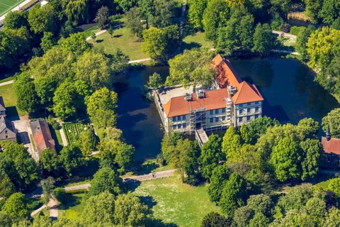 Aerial view, renovation Strünkede Castle, Herne, Ruhr area, North Rhine-Westphalia, Germany,