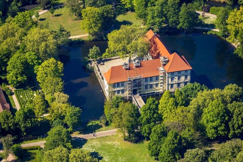 Aerial view, renovation Strünkede Castle, Herne, Ruhr area, North Rhine-Westphalia, Germany,