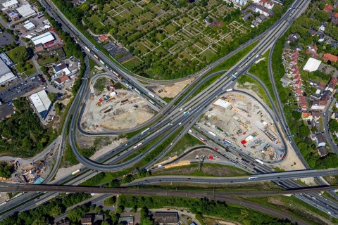 Aerial view, construction site due to A43 extension, motorway junction Herne, motorway A42,