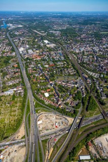 Aerial view, construction site due to A43 extension, motorway junction Herne, motorway A42, view to