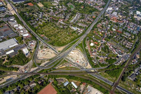 Aerial view, construction site due to A43 extension, motorway junction Herne, motorway A42,