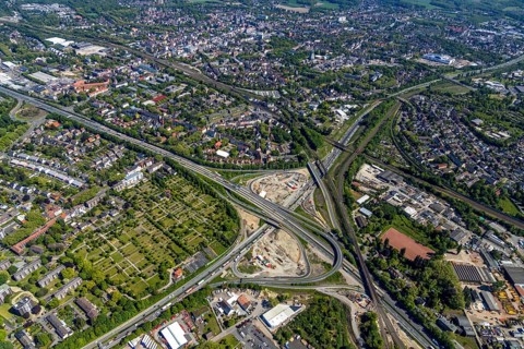Aerial view, construction site due to A43 extension, motorway junction Herne, motorway A42,