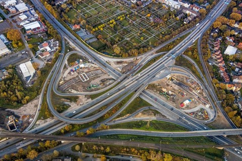 Aerial view of the motorway construction site motorway junction Herne, motorway A42 and A43, major
